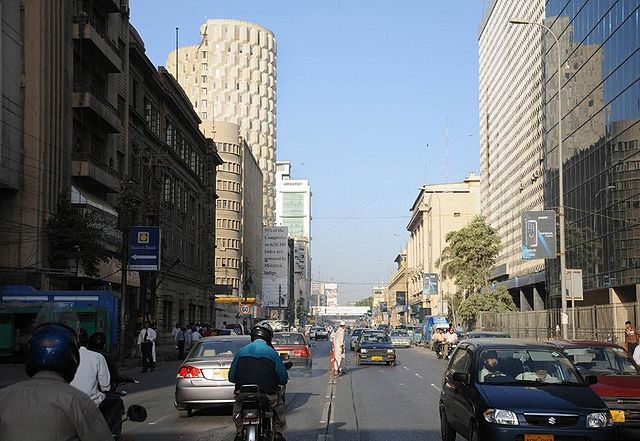Chundrigar Road, with 20th century architecture, in central Karachi, Pakistan